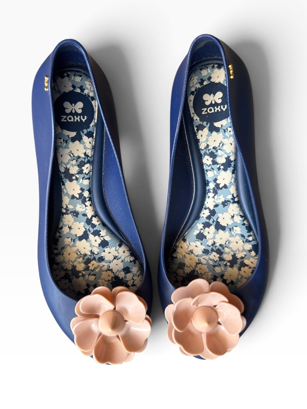 Zaxy Navy Rubber Jelly Ballet Flats with Pink Flower Accent